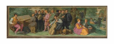 Un concerto pastorale, con figure eleganti che suonano un citterio, un clavicordo, un violino, un cornetto, un trombone e un violoncello da Venetian School