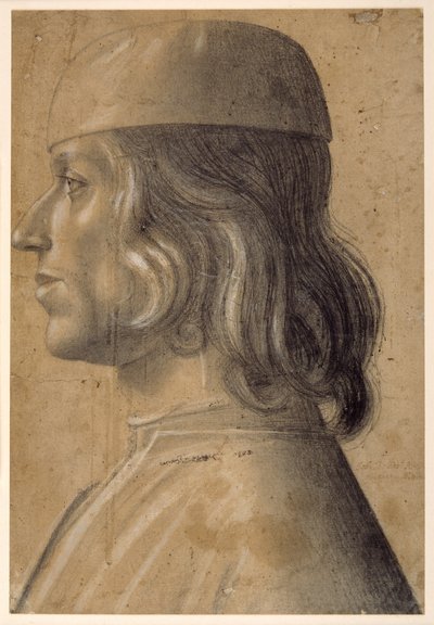 Ritratto a busto di un uomo di profilo a sinistra, con un berretto da Venetian School