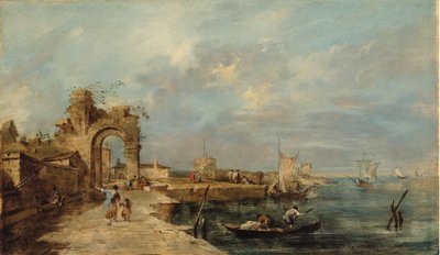 Capriccio, con arco in rovina e porto da Venetian School