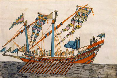 Ms. cicogna 1971, miniatura dalle Memorie Turchesche che raffigura una nave ammiraglia turca da Venetian School
