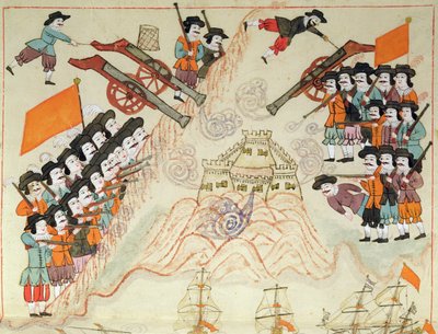 Ms. cicogna 1971, miniatura dalle Memorie Turchesche raffigurante i veneziani e i loro alleati che riconquistano la fortezza di Limnos dai turchi ottomani da Venetian School