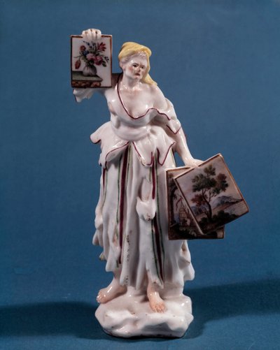 Statuetta di porcellana che rappresenta una giovane donna che vende o mostra stampe. Scuola veneziana del XVIII secolo. Parigi, Arti Decorative da Venetian School