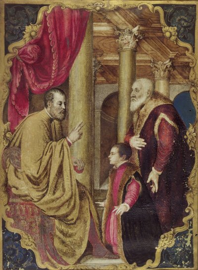 Senatore o Doge veneziano che presenta suo figlio al suo santo patrono da Venetian School