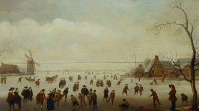 Paesaggio invernale con numerosi pattinatori, giocatori di golf e contadini su corsi d