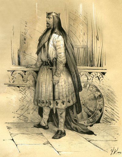 Clodione il Capelluto, capo dei Franchi Salii dal 428 circa fino alla sua morte nel 447, probabile antenato dei Merovingi. Incisione di Victor Adam (1801-1866) nel libro "Francia nel Medioevo" pubblicato dai fratelli Ardant a metà del XIX secolo da Victor Adam