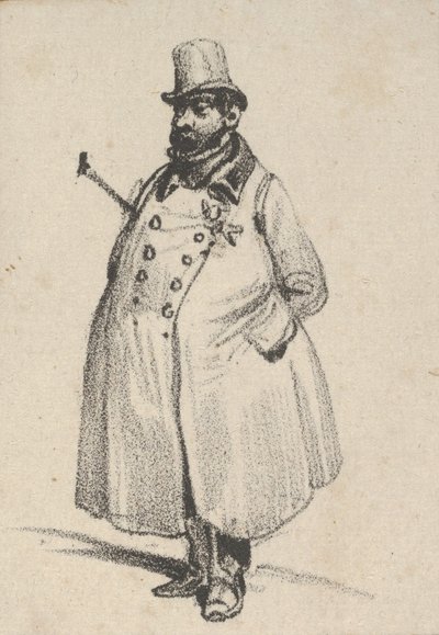 Uomo con cappotto e cappello con un bastone sotto il braccio, metà XIX secolo da Victor Adam