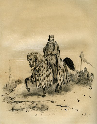Filippo VI di Valois (1293-1350), re di Francia dal 1328 al 1350, primo re della dinastia Valois, a capo delle sue truppe quando prese il potere nel 1328, nonostante le pretese di Edoardo III d