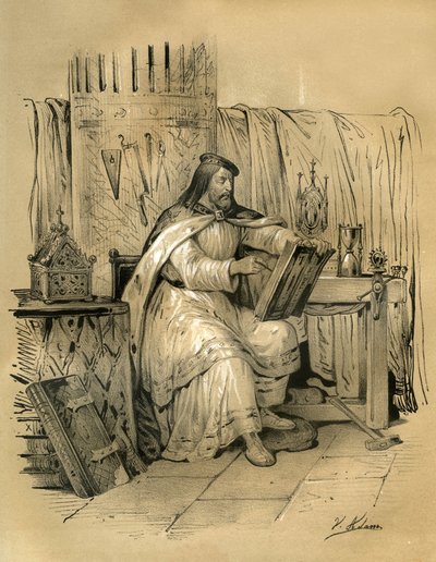 San Eloi (v.588-660) orafo e tesoriere del re dei Franchi Dagoberto I, poi vescovo di Noyon dal 641 fino alla sua morte. Incisione di Victor Adam (1801-1866) nel libro "Francia nel Medioevo" pubblicato dai fratelli Ardant a metà del XIX secolo da Victor Adam