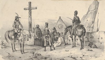 Soldati radunati davanti a una chiesa con sacerdoti e un crocifisso, metà del XIX secolo da Victor Adam