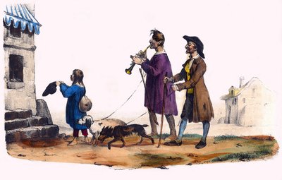 Due ciechi guidati da cani e un bambino mendicante. In 