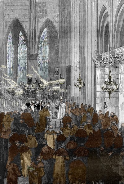 Affare dei posseduti di Loudun ca. 1630: le suore orsoline possedute durante una sessione di esorcismo nella chiesa di Santa Croce a Loudun da Victor Armand Poirson