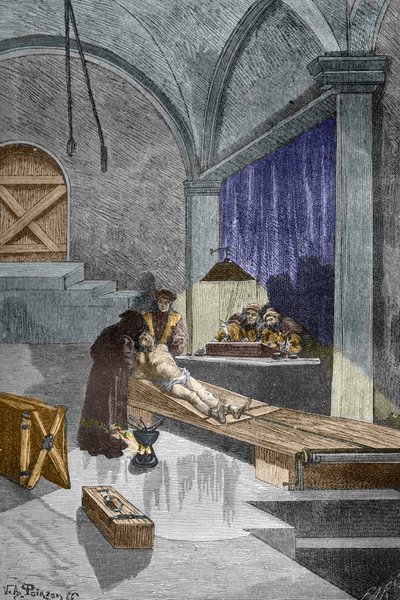 Il prete Pierre Aupetit accusato di stregoneria messo sotto tortura prima di essere bruciato vivo, 25/05/1588 (incisione) da Victor Armand Poirson