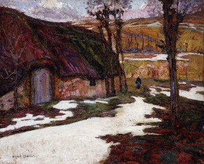Contadina davanti a un cottage dal tetto di paglia da Victor Charreton