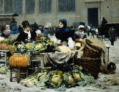 Una bancarella di verdure, alle Halles Centrales, Parigi, 1878 da Victor Gabriel Gilbert