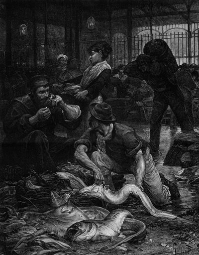 Un angolo della Fish Hall al mattino (1880). Incisione dal dipinto di Victor Gabriel Gilbert (1847-1933). In 
