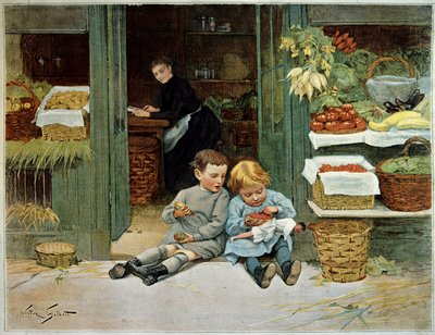 Tour lui. Bambino che mangia pane tostato davanti alla spesa della madre. La bambina ha una bambola sulle ginocchia. Dipinto di Victor Gilbert (1847-1935). Parigi, Arti Decorative da Victor Gabriel Gilbert
