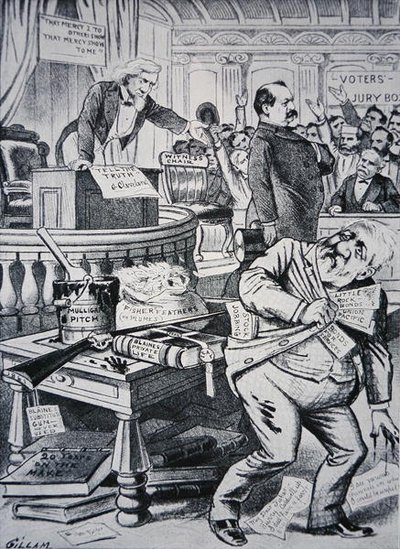 Grover Cleveland (1837-1908) che dice la verità sulla sua vita privata, mentre il suo avversario James Blaine (1830-93) è ritratto come corrotto da Victor Gillam