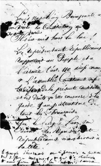 Prima pagina del Manifesto che fa appello al popolo di Parigi per respingere la violazione della Costituzione Francese da parte di Luigi Napoleone Bonaparte, 1851 da Victor Hugo