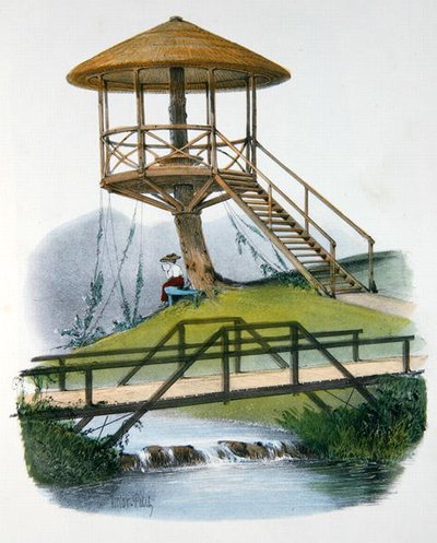 Una capanna e un ponte rustico al Parc de la Motte, Bourgogne, illustrazione da 