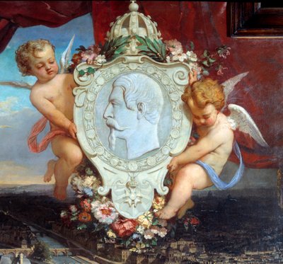 (dettaglio) Il Louvre di Napoleone III, Veduta del Palais du Louvre e ritratto di Napoleone III (1808-1873) in medaglione da Victor Joseph Chavet