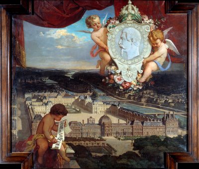 Il Louvre di Napoleone III: Veduta del Palazzo del Louvre e ritratto di Napoleone III in medaglione da Victor Joseph Chavet