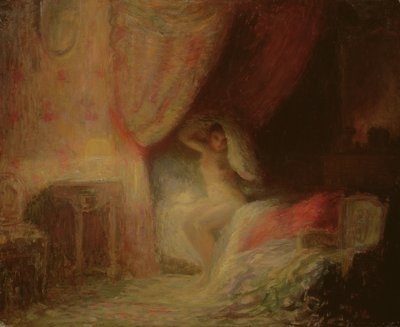 Scena di camera da letto illuminata (olio su cartone) da Victor Lecomte