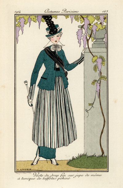 Donna in abito di lana fine con tunica in seta pekin a righe da Victor Lhuer