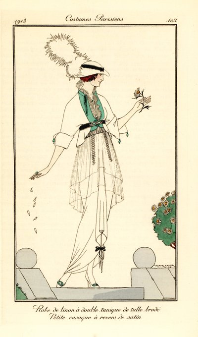 Donna in abito di lino con doppia tunica in tulle ricamato, giacchetta con risvolti di raso da Victor Lhuer