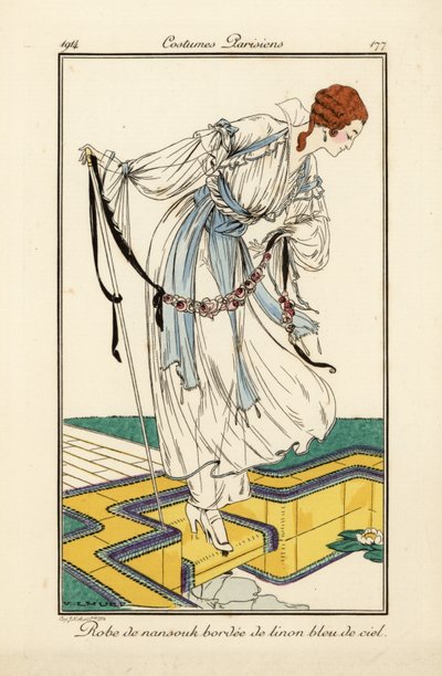 Donna in abito di nainsook bordato di lino azzurro cielo da Victor Lhuer