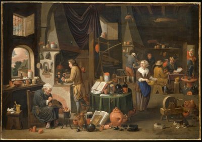 Interno con alchimista e assistenti da Victor Mahu