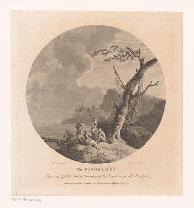 Paesaggio con pescatori vicino a un albero con reti da pesca da Victor Marie Picot
