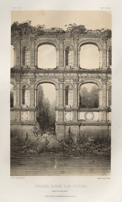 Architettura Pittoresca o Monumenti del XV e XVI Secolo: Castelli di Francia del XV e XVI Secolo: Tav. 74, Galleria Rovinata di un Castello, da un vecchio disegno da Victor Petit