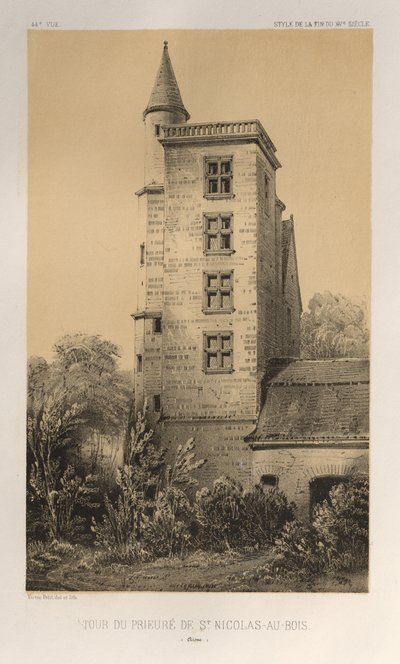 Architettura Pittoresca o Monumenti del XV e XVI Secolo: Castelli di Francia del XV e XVI Secolo: Tav. 44, Torre del Priorato di St. Nicolas-Au-Bois (Aisne) da Victor Petit