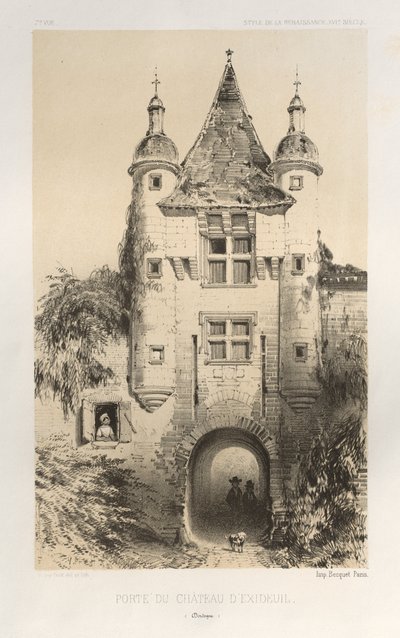 Architettura pittoresca o monumenti dei secoli XV e XVI: Castelli di Francia dei secoli XV e XVI: Tav. 7, Porta del Castello di Exideuil (Dordogne) da Victor Petit