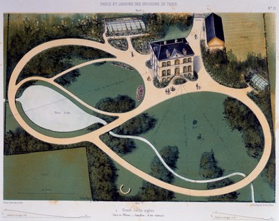 Grande giardino inglese di 6300 metri quadrati, illustrazione tratta da Parcs et Jardins des environs de Paris, ca 1850, litografia di Victor Petit, Francia da Victor Petit