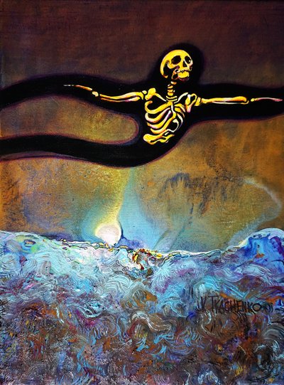 Scheletro luminoso sulle onde da Victor Tkachenko