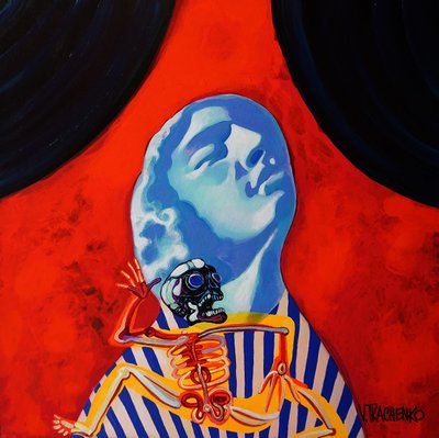 Scheletro con testa blu surreale da Victor Tkachenko