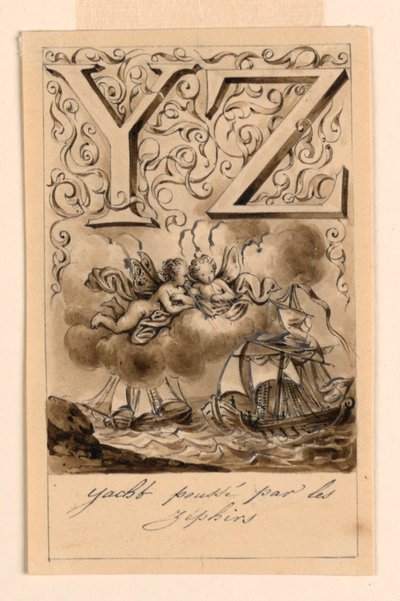 Design per le lettere Y e Z di un abbecedario: Yacht/ Zéphir (Yacht guidati da Zefiri) da Victor Vincent Adam
