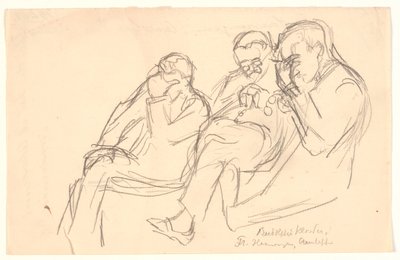 Figurskitse. Tre uomini seduti: Fr. Henningsen, Aarsleff e P. Johansen da Viggo Johansen