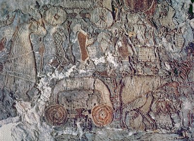 (dettaglio) di un animale che tira un carro, da un arazzo trovato con la nave Oseberg da Viking