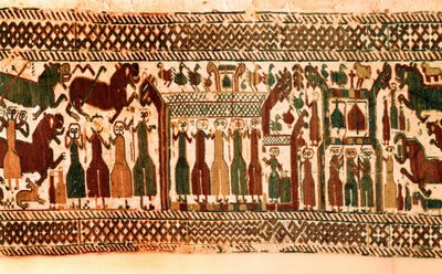Vichinghi: cantanti e suonatori di campane. Arazzo della chiesa di Skog, Svezia, fine XII secolo. Stoccolma, museo storico da Viking