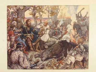 Riposo del Gran Principe Vladimir II Monomakh durante la caccia. La caccia imperiale in Russia di N. Kutepov da Viktor Mikhaylovich Vasnetsov
