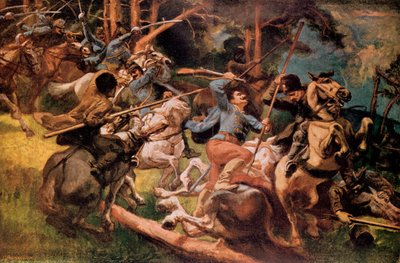 Ussari ungheresi e cosacchi russi che combattono sui Monti Carpazi nel 1915 da Viktor Tardos