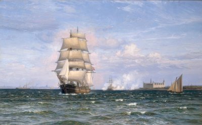 Nave danese davanti al castello di Kronborg e Helsingør in lontananza da Vilhelm Arnesen