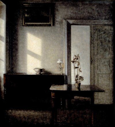 Interno con pianta in vaso su tavolo da gioco, 1910-1911 da Vilhelm Hammershøi