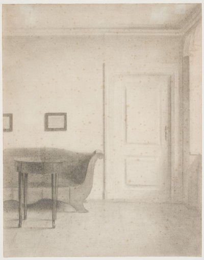 Interno con divano e piccolo tavolo, a destra una porta da Vilhelm Hammershøi