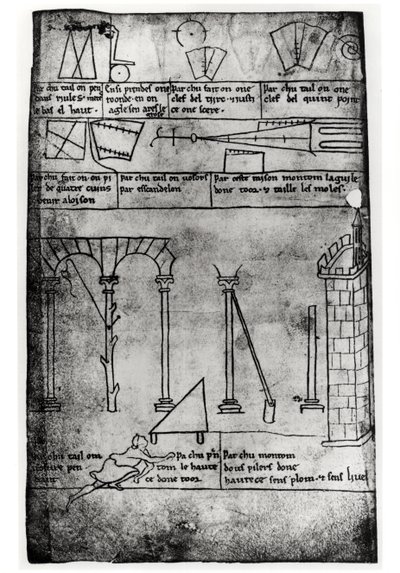 Ms.Fr.19093 fol.20v Figure geometriche per la costruzione, archi e uomo che misura l