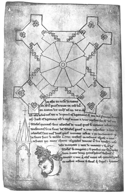 Ms 19093 fol.9v Copia facsimile di un piano della torre della Cattedrale di Laon, la testa di un uomo barbuto e una finestra gotica da Villard de Honnecourt