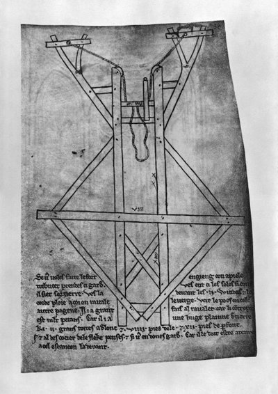 Trebuchet, macchina per lanciare frecce e giavellotti (copia facsimile) da Villard de Honnecourt