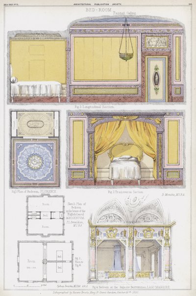 Camere da letto a Firenze, la casa del Console Inglese ad Agrigento e la Casa Borromeo, Lago Maggiore, Italia (litografia a colori) da Vincent Brooks